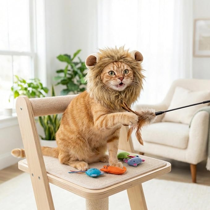Adjustable Lion Mane Wig Pet Costume, Soft Halloween Cat Clothing with Secure Fit, Comfortable Feline Apparel for Parties, Fun Photo Sessions with Adorable Cat Costumes (Size M)