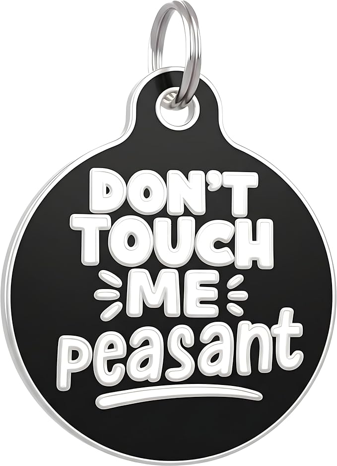 Bad Tags Personalized Dog and Cat ID Tags in 25+ Designs and 2 Sizes - 5 Lines of Custom Engraved Text - Funny Cute Personalized Pet Tags (Don't Touch Me Peasant, Large (1.25 inch))