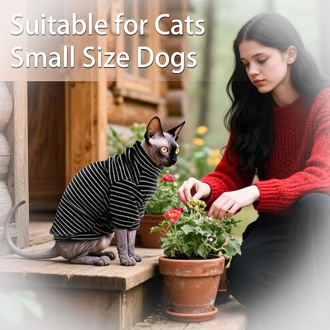 Fleece Sphynx Cat Clothes Soft Hairless Cat Clothes Pullover Cat Sweater for Chihuahua All Season Light and Warm Kitten Cloth for Cats Only Puppy Clothes Small Dog Sweater (B-Striped, M)