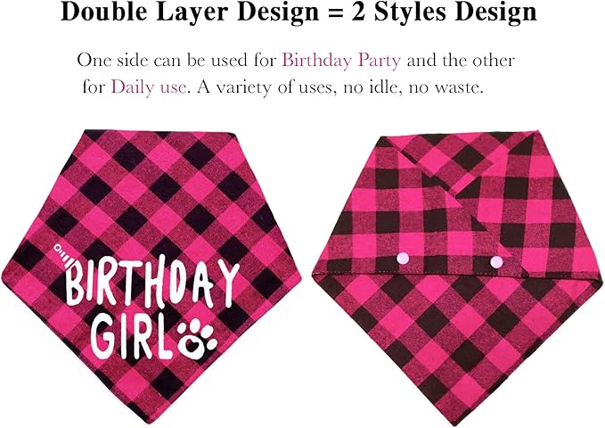 Birthday Plaid Dog Bandana with Button, Fall Dual Layer Scarf Soft Cotton Triangle Bib Girls and Boys Kerchief Adjustable Accessories for Small Medium Large Extra Large Dog Puppy Pet Cat