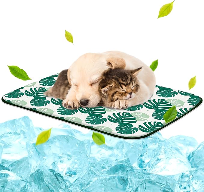 NWK Pack of 4 Pet Cooling Mat - Ice Silk Cooling Mat for Dogs & Cats Portable & Washable Pet Cooling Blanket, Car Seats, Beds for Summer (4pcs, Green Leaf, 27’’ X 20’’ X 0.3)