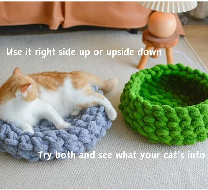 Cat Nest Bed - Premium Self Warming Handwoven Washable Extra Soft Round Cave House for Indoor Kitten & Kitty, Small & Large (Persimmon Yellow,Large)