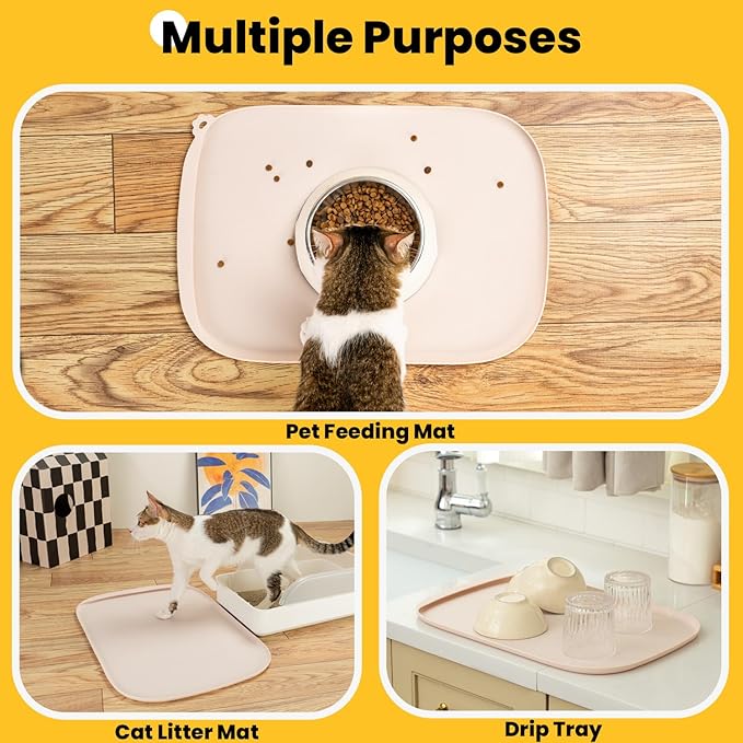 Silicone Dog Food Mat with Side Pocket & Hook Hole, Soft Raised Edges, Easy Clean Waterproof Non-Slip Pet Feeding Mat for Cats and Dogs Water Bowl, Pets Accessories(18"x12",Natural Tan)