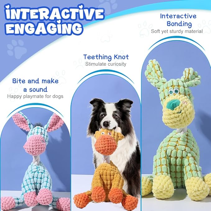 2025 New Dog Toys, Indestructible Plush Dog Toy, Dogs Toys for Aggressive Chewers, Dogs Squeaky Chew Toy for Indoor Pups Teething (Brown+Blue)