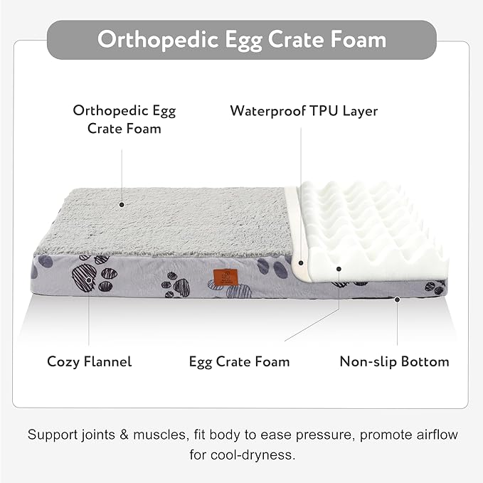 Waterproof Orthopedic Dog Bed for Extra Large Dogs 41x27x4 Inch - Egg Crate Foam Pet Crate Bed with Removable Washable Cover, Plush Top Anti-Slip Bed Mat, Light Grey