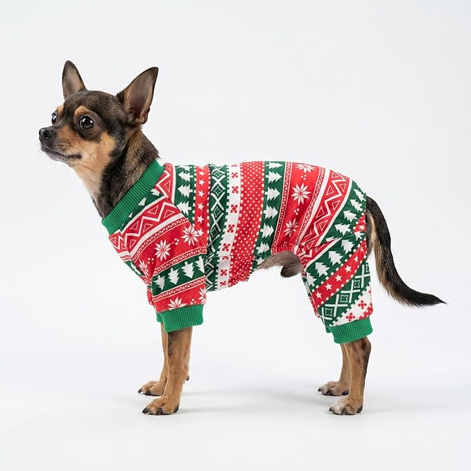 Fitwarm Dog Christmas Outfit, Holiday Pet Clothes for Small Dogs Boy Girl, Festive Pajamas with Feet, Puppy Onesie, Red, Green, XS