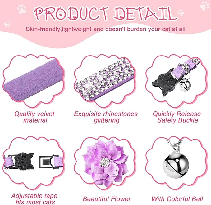 Cat Collars,Rhinestone for Girl Cats Bling Kitten Flower Adjustable Breakaway Collar with Bell Soft Velvet Leather Collar for Puppy Small Dogs (Black)