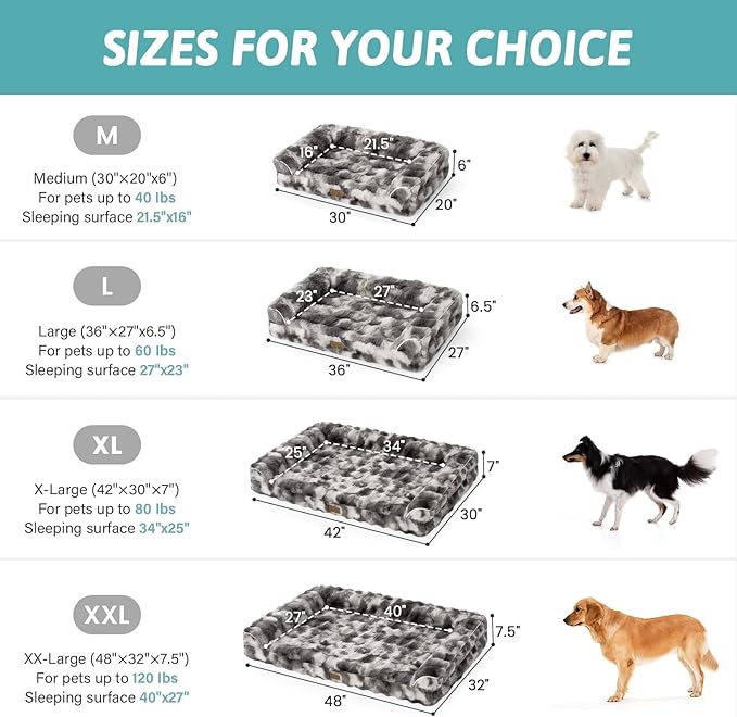 Faux Fur Orthopedic Dog Bed, Extra Large Dog Bed, Supportive Foam Pet Sofa with Waterproof Lining Cover, Washable U-Shaped Pet Couch with Anti-Slip Bottom Design, Tie-dye Grey XXL 48x32x8 inch