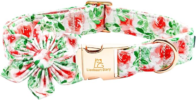 Lionheart glory Dog Collar Flowers Collar Floral Dog Collar with Flower Spring Summer Cute Collar Dog Boy or Girl Dog Collars Soft Durable Adjustable Dog Collars for Small Dogs, Red Roses
