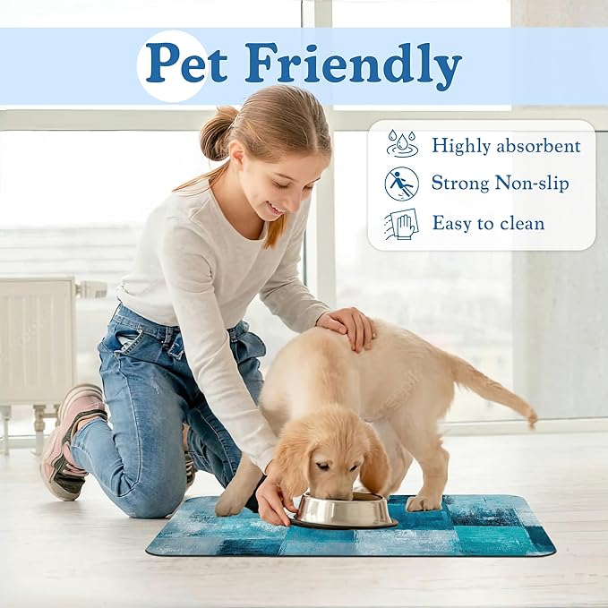 Blue Teal Dog Cat Food Mat–Christmas Stocking Absorbent Waterproof Placemat for Food and Water Bowls, Non Slip Rubber Backing, Feeding Mat for Clean Floors 16"x24"