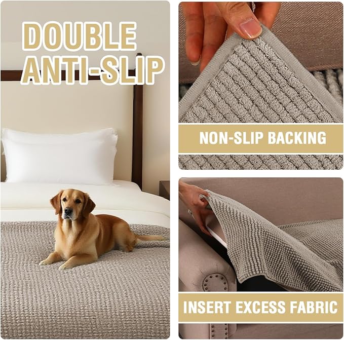 H.VERSAILTEX Plush Chenille Couch Cover for Dogs Pets Blanket for Bed Anti-Slip Soft and Durable Furniture Protector for Small Medium Large Cats Washable (52" x 82", Taupe)
