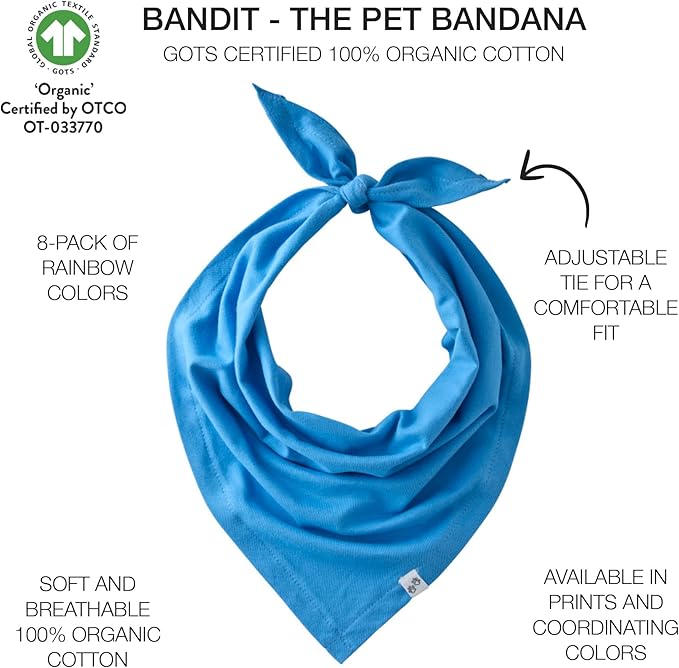 Bandit - The PET Bandana, 8 Pack 100% Organic Cotton Pet Bandanas Clothes for Small, Medium, Large Dogs, Rainbow Blues, X-Small/Small