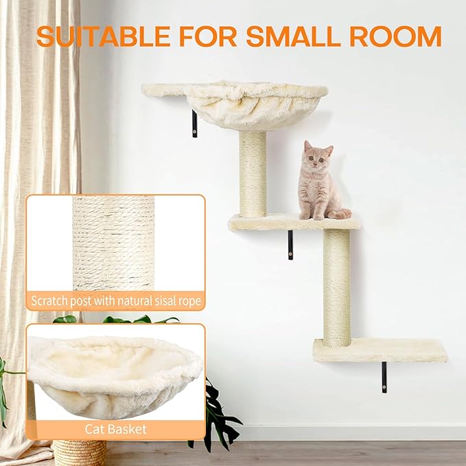 Cat Wall Shelves, Multi-Level Cat Climbing Furniture, Space-Saving Wall-Mounted Cat Climber Set with Perches,Bridge,Hammock,Scratching Board & Ball for Indoor Cat Play (Beige)