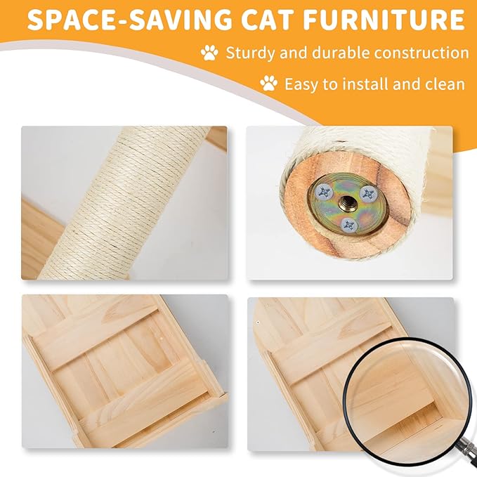 Cat Wall Shelves for Large Cats – 9-Piece Wooden Wall-Mounted Cat Shelves Set, Kitty Climbing System with Perches, Scratching Post & Condo House