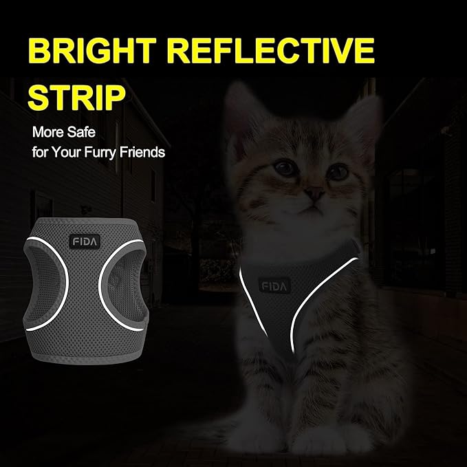 Fida Comfy Dog Harness with Leash, Cat Vest Harness Escape Proof, Breathable Lightweight Soft Mesh, Adjustable Reflective Step-in Harness for Puppy Toy Breeds & Extra-Small Pet (XXS, Grey)