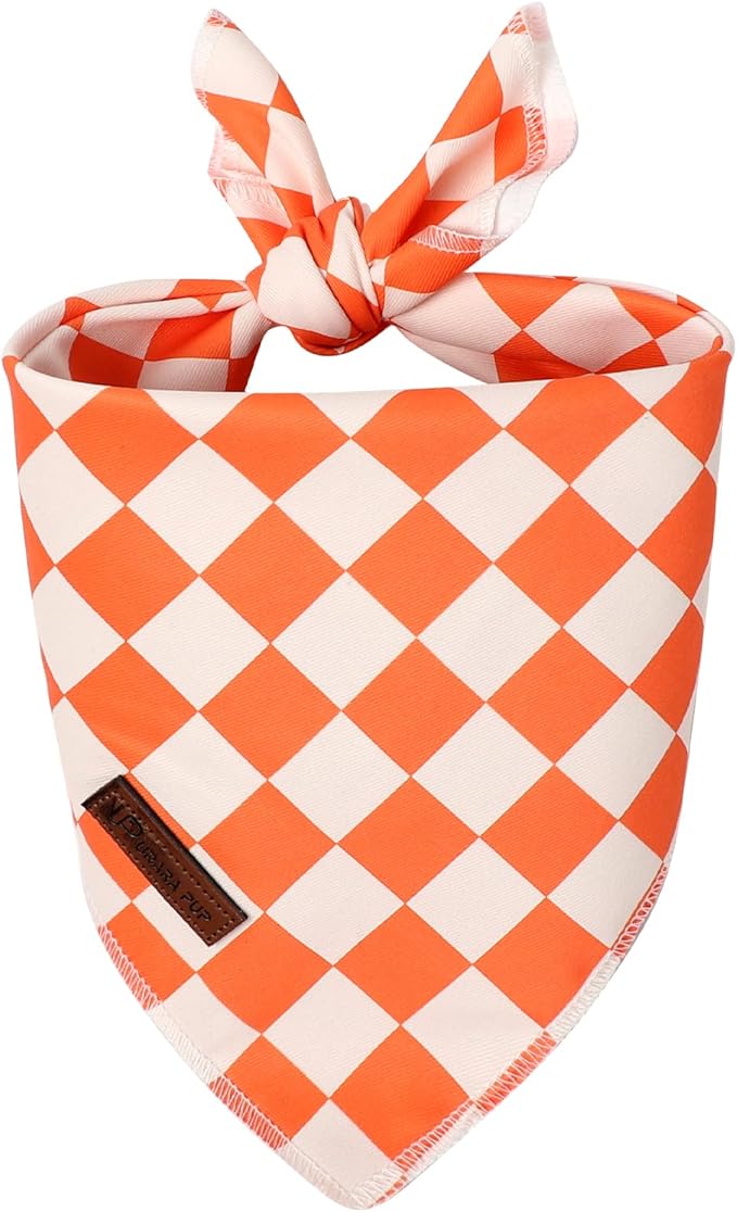 Fall Dog Bandana – Orange Gingham Plaid Triangle Scarf for Small Medium Large Dogs, Soft Cotton Pet Bib for Autumn Thanksgiving, Adjustable Dog Kerchief for Daily Wear