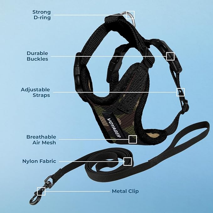 Voyager Escape-Proof Step-in Lock Cat Harness & 5ft Neoprene-Handle Leash Set All-Weather Mesh with Reflective Stitching for Small to Large Cats by Best Pet Supplies, Army/Black Trim, XXXS