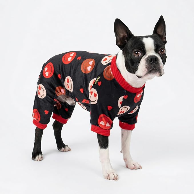 Fitwarm Hearts Eyes Smily Face Dog Pajamas, Cozy Valentines Outfit for Small Dogs Boy Girl, Festive Pet Clothes, Black, Red, XL