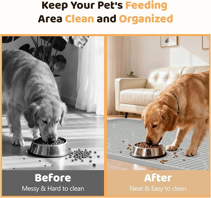 Silicone Cat & Dog Food Mat, 28" x 22" Large Pet Feeding Mat for Cats and Dogs Bowl, Pet Placemat for Food and Water with Raised Edge, Waterproof, Leakproof (Grey)
