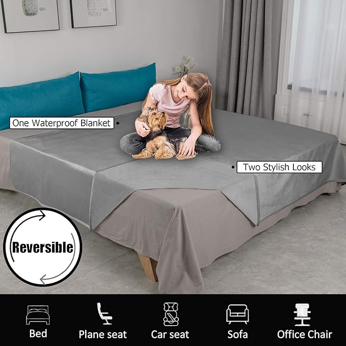Ameritex Pet Bed Blanket Reversible 100% Waterproof Velvet Super Soft for Sofa and Bed (40x60 Inches, Light Grey+Grey)