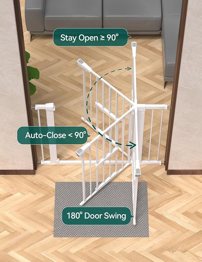 BABELIO 36 Inch Extra Tall Baby Gate with Cat Door, 29-40" Metal Dog Gate, Cat Gate for Stairs, Doorways, Auto Close Safety Gate with Pet Door, Easy Walk Thru, White