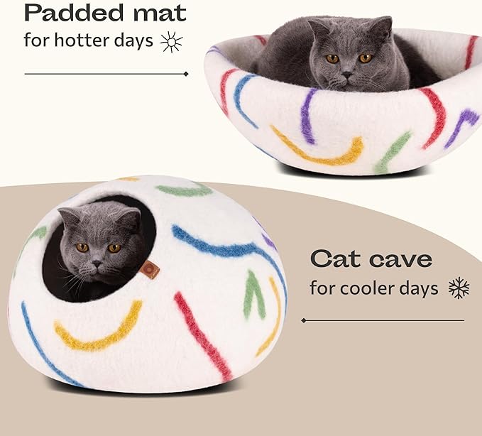MEOWFIA Cat Cave – Premium Felt Cat Bed for Indoor Cats, Handmade Merino Wool (Ivory Rainbow, Large)