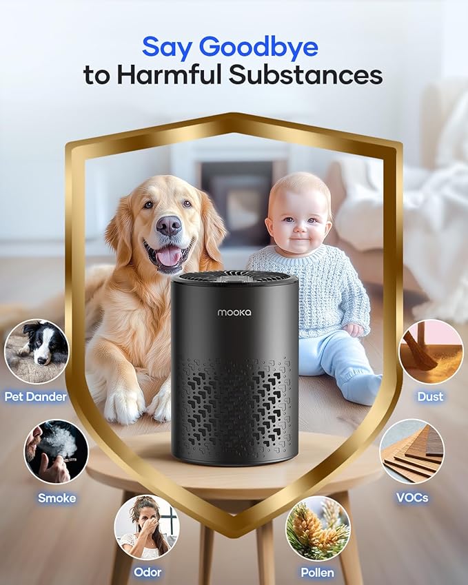 Air Purifiers for Bedroom Home, MOOKA HEPA Air Purifier for Home Pets with Fragrance Sponge for Smoke Dust Pollen Dander Odor, Small Air Purifier with Sleep Mode Night Light Timer, KJ067L, Black