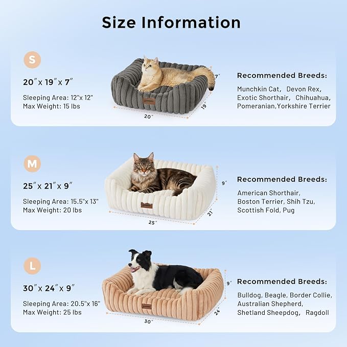 Large Cat Beds - Orthopedic Dog Bed for Medium Dogs, Rectangle Pet Bed with Fluffy Removable Washable Cover, 25x21x9inches, Grey