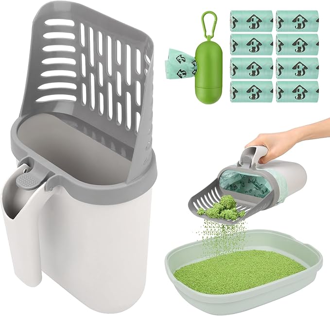 MYPIN Cat Litter Scooper with Holder, Upgraded Cat Litter Shovel with Bags, Cat Scooper with Extra 135 Count Litter Waste Bags, Large Capacity Portable Litter Shovel (Without Baffle)