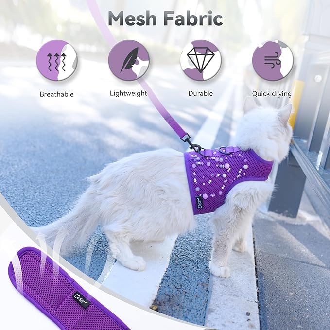 Kitty Harness and Leash for Walking Escape Proof Breathable Mesh Fabric, Purple, Small, Adjustable Cat Walking Jackets with DIY Beads, Padded Stylish Cat Vest