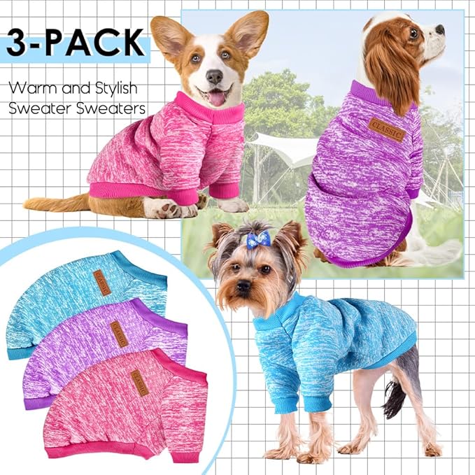 3 Pack Dog Sweaters for Small Dogs Girl Boy Winter Fleece Clothes Warm Soft Dog Sweatshirt Outfit for Dogs Cats Pet Apparel (Rose+Light Blue+Purple, X-Small)