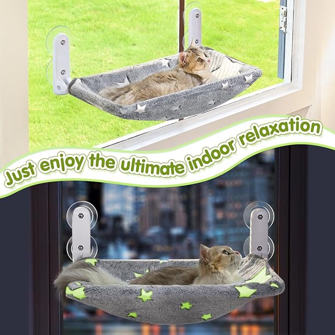 2PC Cat Window Perch, Glow in The Dark Cordless Foldable Pet Hammock Bed for Window with Sturdy Metal Frame, Glowing Stars Pattern Resting Seat for Indoor Cats (2PC Stars - M)