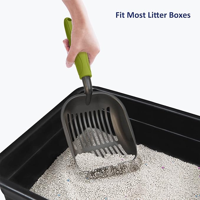 WePet Cat Litter Scoop, Non-Stick Plated Aluminum Alloy Sifter, Kitty Durable Metal Scooper, Deep Shovel, Long Handle, Kitten Pooper Lifter, Size Large, Coated Black Body with Green Handle