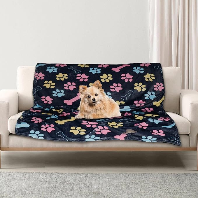 Dog Blankets for Large Dogs, 60"x50" Blanket Washable, Fuzzy Soft Pet Mat Throw Cover for Kennel Crate Bed, Cute Paw Pattern, Cat Blanket, Gifts Medium Small Pet Essentials, Navy Blue