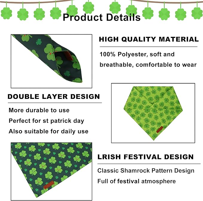ADOGGYGO St Patrick Dog Bandana 2 Pack, Reversible Shamrock Pet Scarf Bib, Adjustable Fit Green St Patricks Day Bandanas for Extra Large Dogs (X-Large)