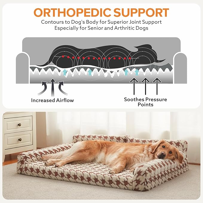 FURTIME Orthopedic Dog Beds Large Sized Dog, XXL Washable Memory Foam Pet Couch Bed with Removable Washable Cover, Non-Slip Bottom with Bolster Sides, Brown