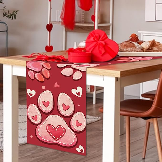 Valentines Day Dog Cat Paw Prints Table Runner, Red Love Hearts Kitchen Dining Table Decoration Pet Lover Gift, Anniversary Wedding Burlap Indoor Outdoor Home Decor Party Supply 13 x 90 Inches