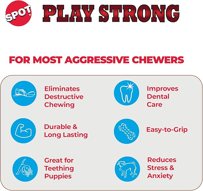 SPOT Play Strong Bone- Durable TPR Long Lasting Dog Chew for Aggressive Chewers, Hole for Treats, Virtually Indestructible Toy for Small and Medium Dogs & Puppies - 4.5 inch