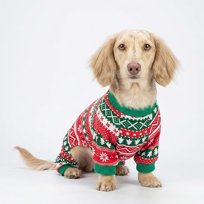 Fitwarm Dog Christmas Outfit, Holiday Pet Clothes for Small Dogs Boy Girl, Festive Pajamas with Feet, Puppy Onesie, Red, Green, XXL