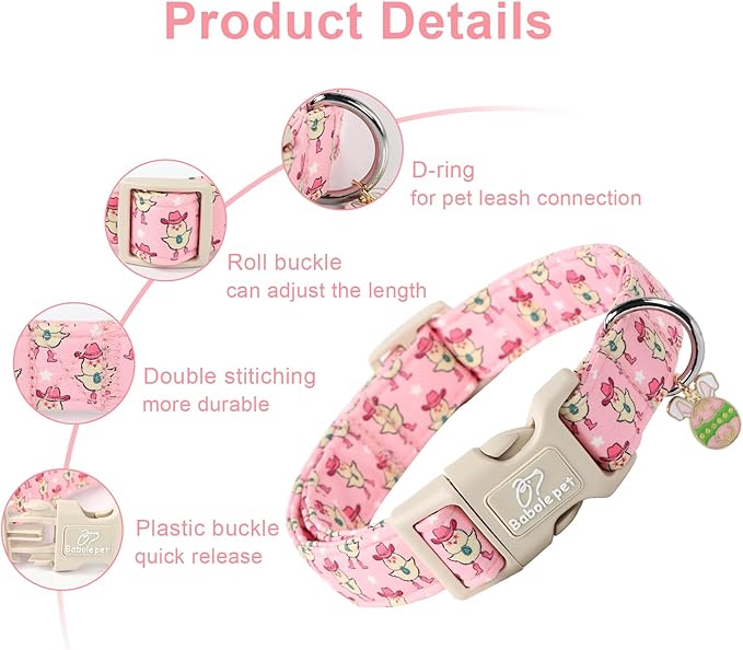Easter Dog Collar for Small Dogs - Cowgirl Chick Easter Collars for Dogs, Pink Girl Dog Collar, Adjustable Spring Holiday Pet Collars with Quick Release Buckle XS