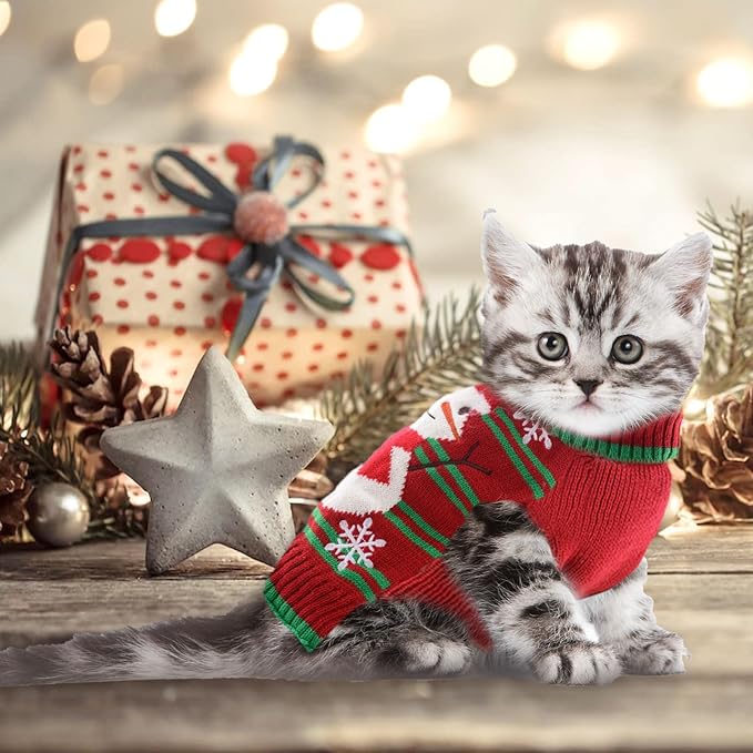 Dog Christmas Sweater Cute Snowman Puppy Cat Costume Boy Girls Xmas Holiday Pet Clothes New Year Outfits Gifts for Small Medium Large Dogs (L, Red Green Stripe Snowman)