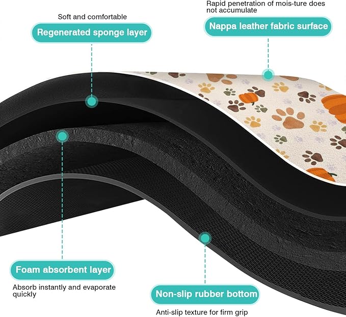 Fall Pumpkin Dog Food & Water Mat, Paw Prints Autumn Pet Feeding Mat for Floor Non-Slip Waterproof, Super Absorbent Cat Bowl Mat, Easy to Clean Eco-Friendly Durable Pet Placemat,17" × 30"