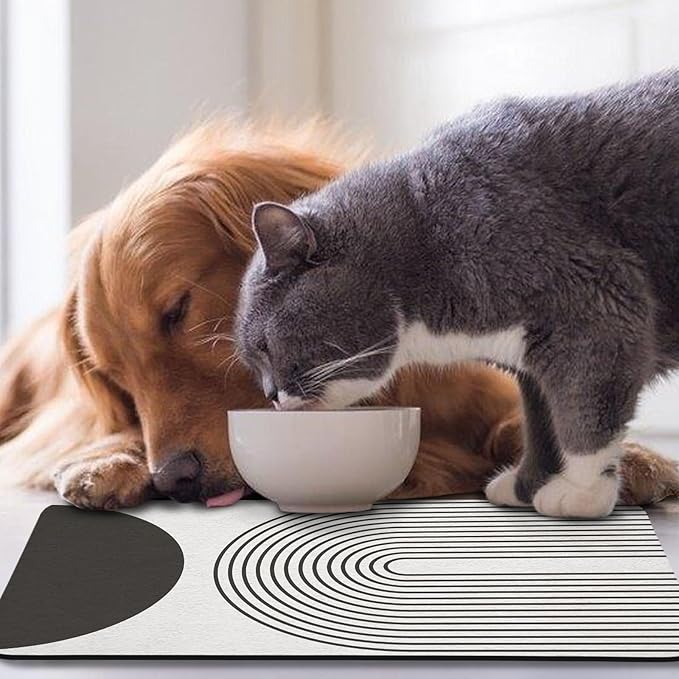 Dog Food Mats for Floors Waterproof, Cat Water Bowl Mats Pet Feeding Absorbent Mat Placemats for Food and Water Black Bohemia 17 * 30 inch