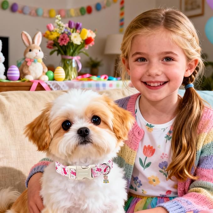 DOGWONG Easter Dog Collar, Cute Easter Pink Bunny Pet Collar Durable Holiday Girl Boy Adjustable Cotton Dog Collars for Large Dogs,XL Visit The Elegant Little Tail Store