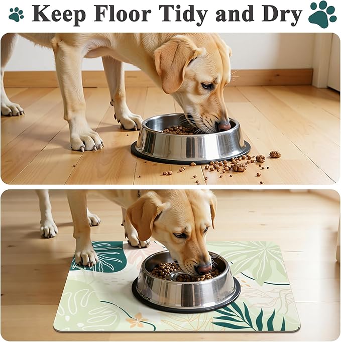 Topotdor Boho Dog Food Mat - Absorbent Quick-Dry Cat Bowl Mat for Food and Water, Non-Slip Pet Feeding Placemat for Messy Drinkers Dog Accessories Pet Supplies, 12"x20", Green