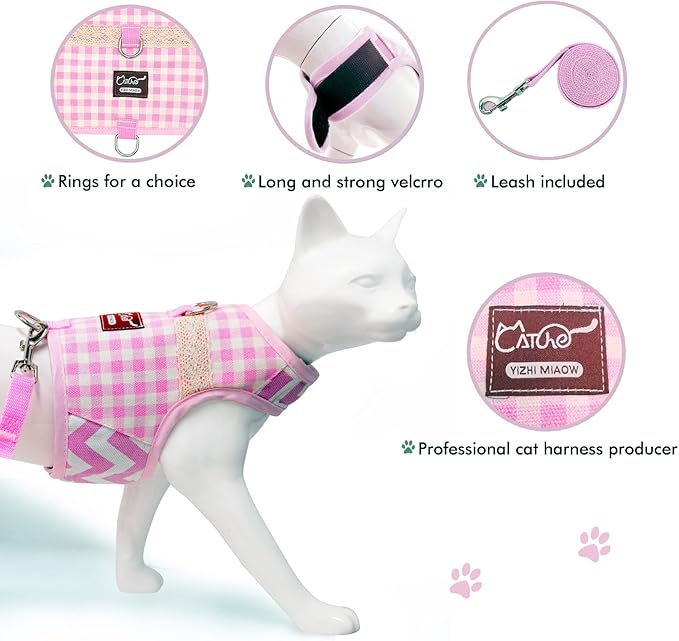 Cat Harness and Leash for Walking Escape Proof, Adjustable Cat Vest Harness, Padded Stylish Cat Walking Jackets, Pink Plaid, X-Small