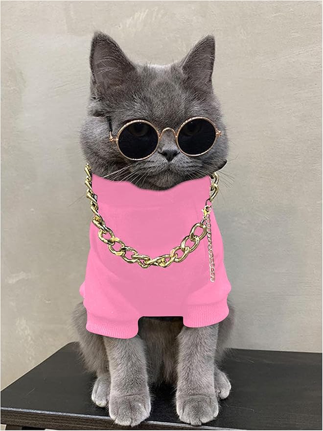 QWINEE 3Pcs Dog Hoodie Cat Apparel Dog Custume Set with Necklace and Sunglasses Pet Clothes for Puppy Small Medium Dogs Cats Light Pink X-Large