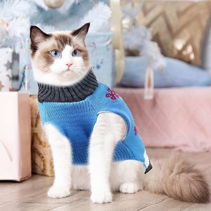 Pet Christmas Dog Sweaters Cute Animal Snowman Printed Puppy Xmas Costumes Winter Warm Turtleneck Jumpers Puppy Knitted Clothes Cat Outfits (L, Blue Snowman)