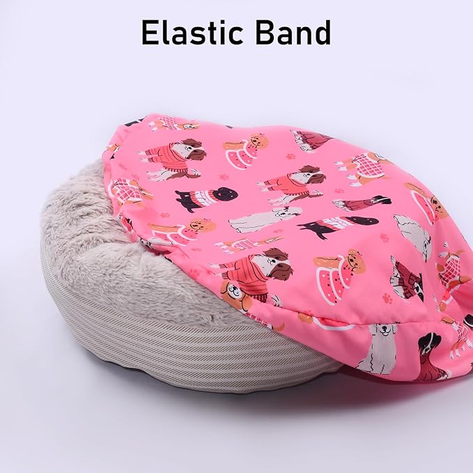 Round Replacement Dog Bed Covers Elastic Edged Washable Pet Bed Protector with Pink Dog Pattern Design for Small & Medium Pet Beds, Cover Only (Pink, 20 x 9.8 Inch)