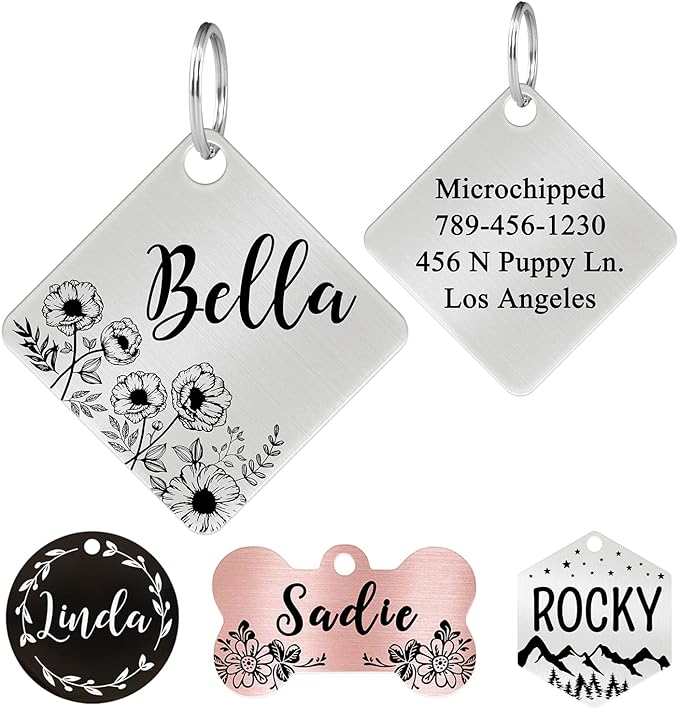 Ultra Joys Stainless Steel Pet ID Tags - Personalized Front and Back Engraving, Customized Dog and Cat Tags, Optional Engraved on Both Sides, Diamond Flower Silver Large